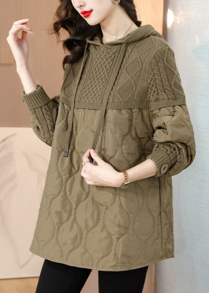 Khaki Hooded Knit Patchwork Thick Tops Long Sleeve