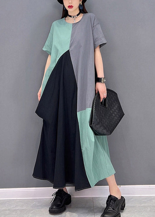 Grey Blue Patchwork O-neck Long Dresses Short Sleeve