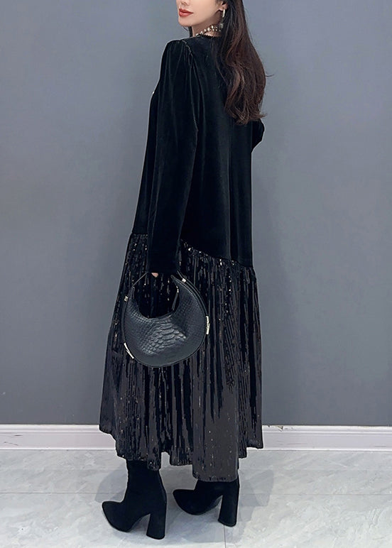 Black Wrinkled Patchwork Silk Velour Dresses O Neck Spring