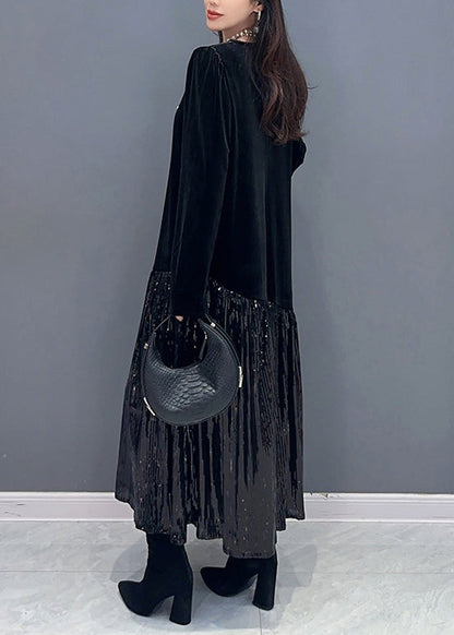 Black Wrinkled Patchwork Silk Velour Dresses O Neck Spring