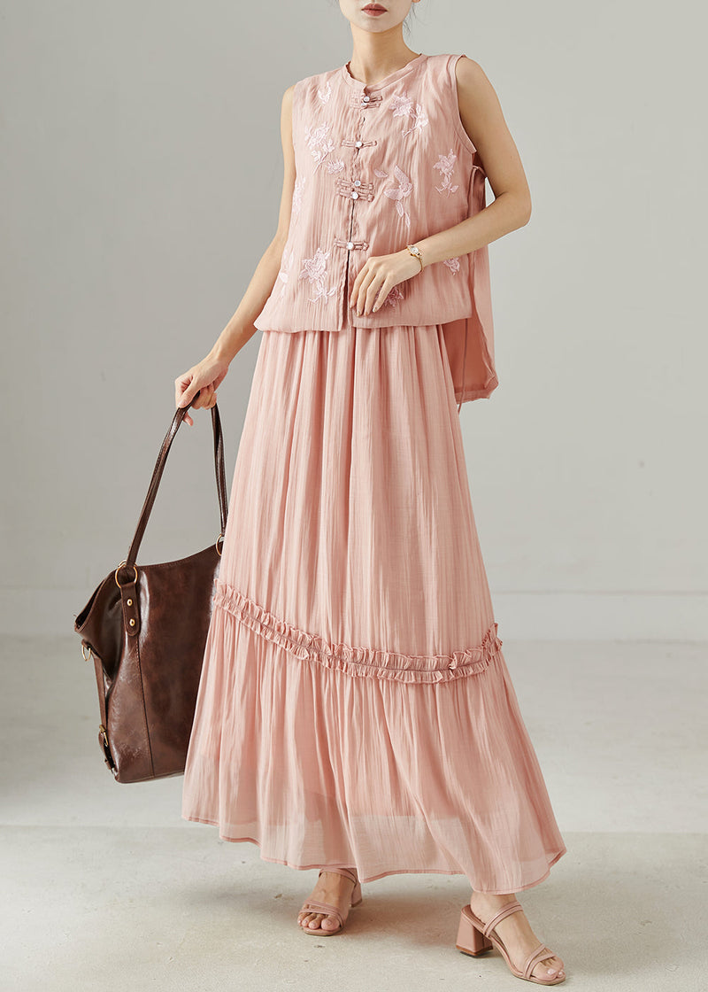 Art Pink Embroidered Ruffled Silk Two Piece Set Clothing Summer