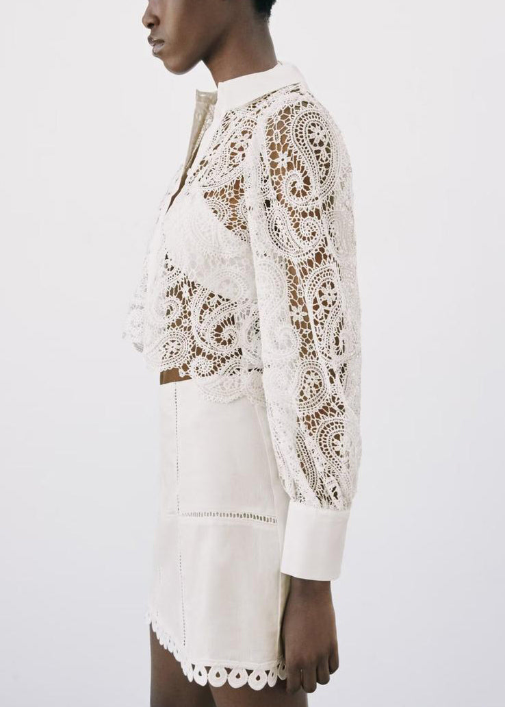 White Peter Pan Collar Hollow Out Lace Shirt Fall