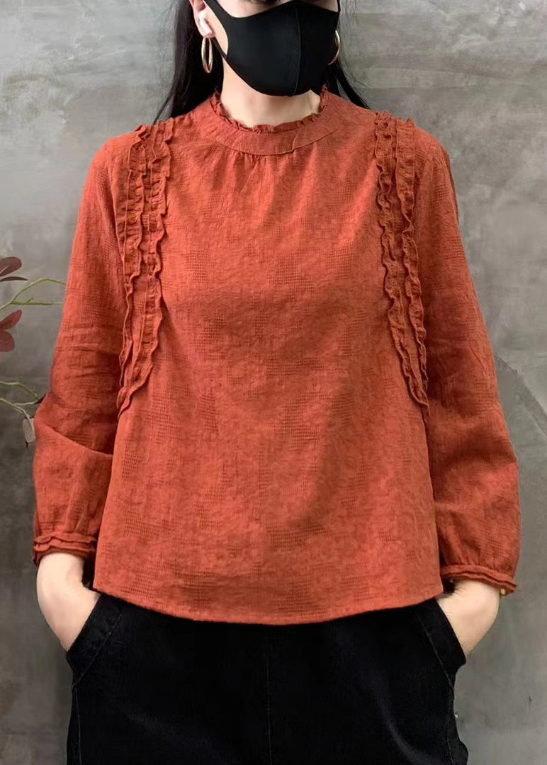Orange O-neck Ruffled Patchwork Cotton Tops Fall