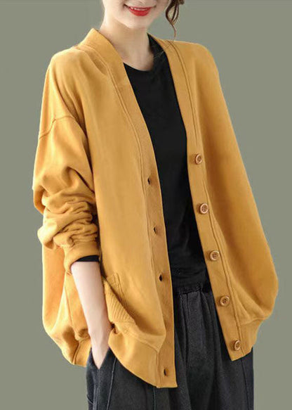Yellow V Neck Button Patchwork Warm Fleece Sweatshirt Coat Fall