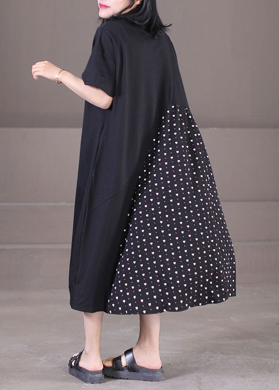 Black Asymmetrical Patchwork Wrinkled Print Cotton Maxi Dress Short Sleeve