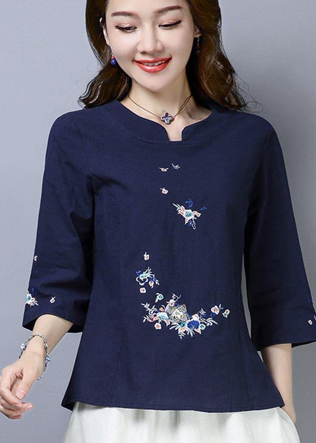 Natural Navy Embroideried Oriental Cotton Linen Shirts Summer