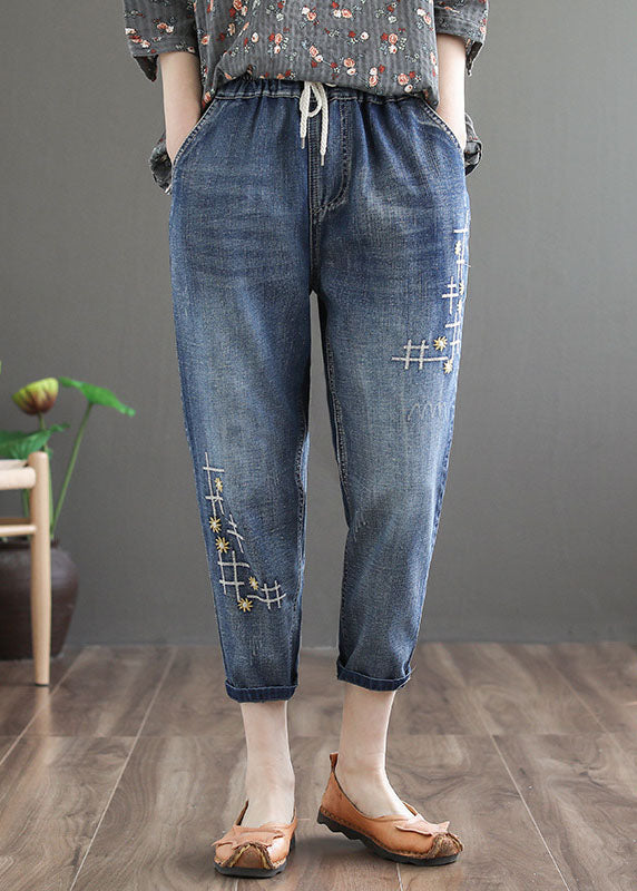 Denim Blue Elastic Waist Embroideried Cotton Crop Pants Spring