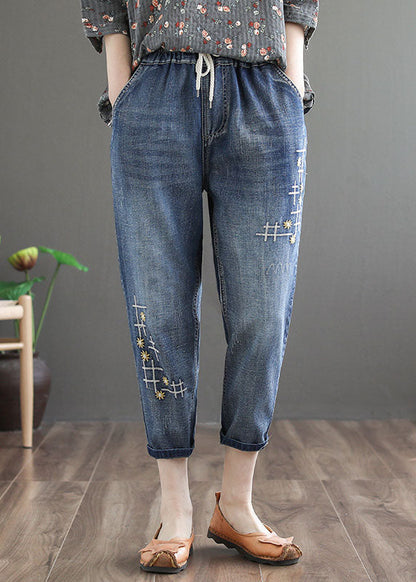 Denim Blue Elastic Waist Embroideried Cotton Crop Pants Spring