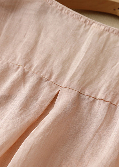 Light Pink Embroideried Side Open Linen Tops Spring