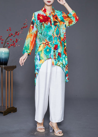 Green Asymmetrical Print Cotton Shirt Top Fall