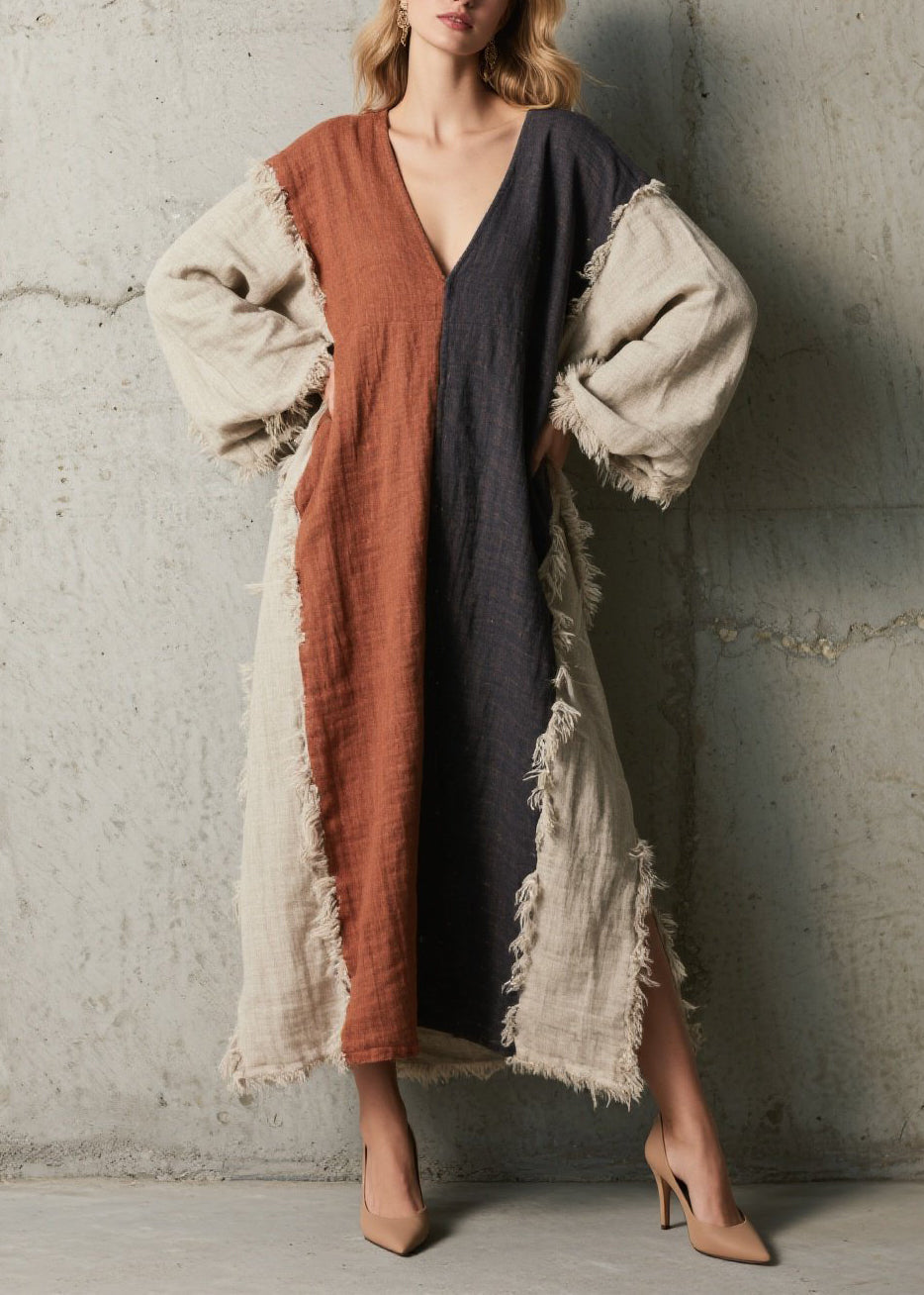 Colorblock V Neck Tassel Patchwork Cotton Dress Fall