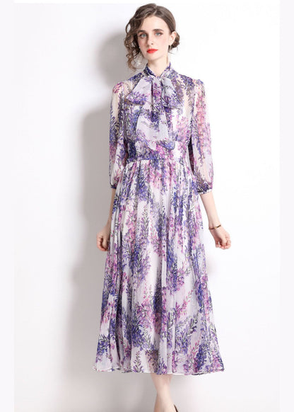 Purple Stand Collar Print Chiffon Long Dress Bracelet Sleeve