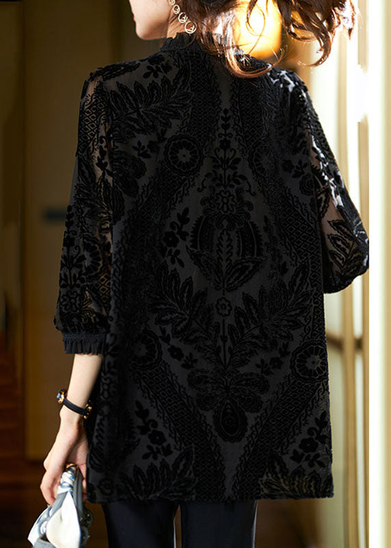 French Black V Neck Velour Tops Long Sleeve