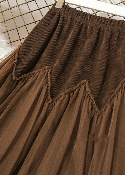 Chocolate High Waist Patchwork Corduroy Wrinkled Tulle Skirt Spring