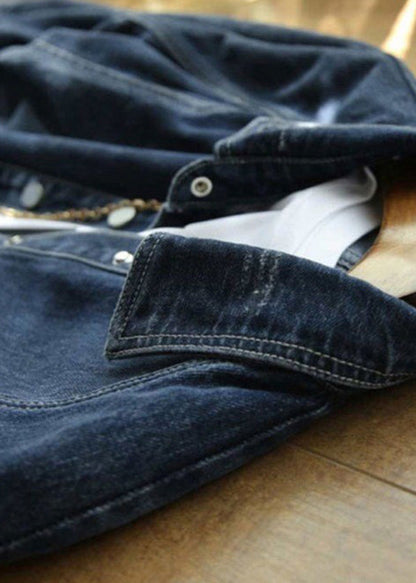 Navy Peter Pan Collar Pockets Patchwork Denim Jackets Spring