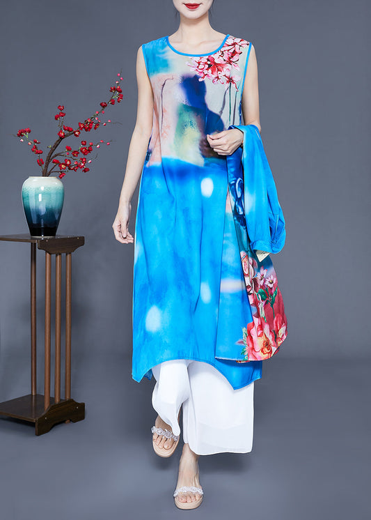 Blue Stand Collar Oversized Print Silk Two Pieces Set Summer
