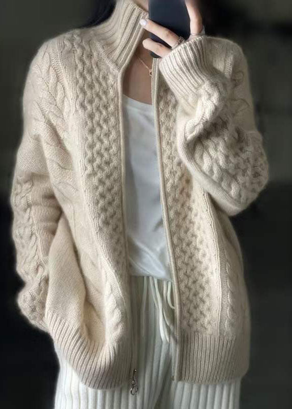 Diy Beige Zip Up Woolen Knitted Tops Coat Winters