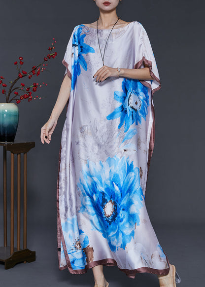 White Flower Print Silk Maxi Dresses Summer