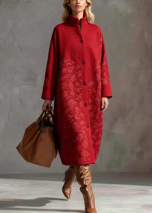 Loose Red Stand Collar Print Pockets Warm Fleece Long Coats