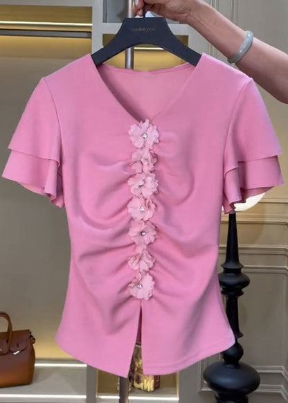 Pink V Neck Wrinkled Top Short Sleeve