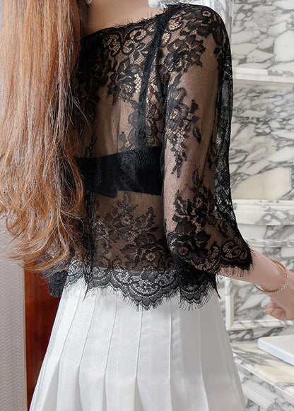 Style Black Slash Neck Hollow Out Lace Top Summer