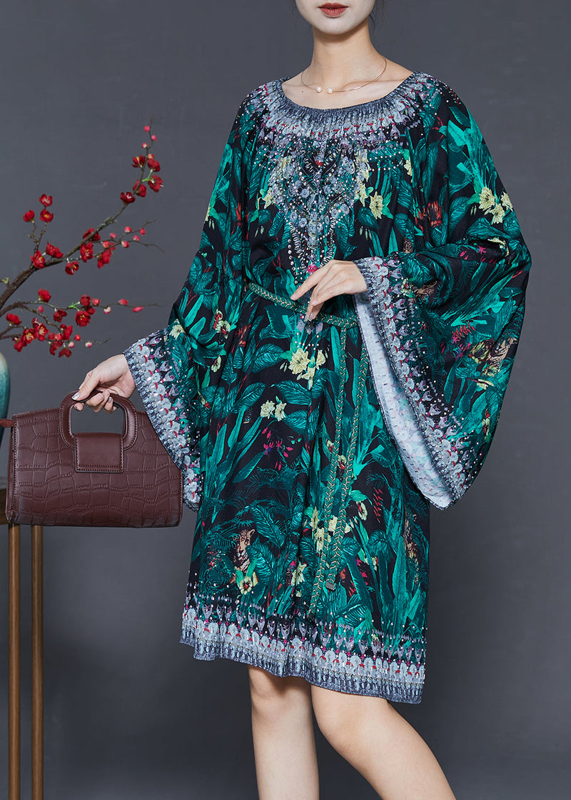 Green Tie Waist Print Chiffon Work Dress Flare Sleeve