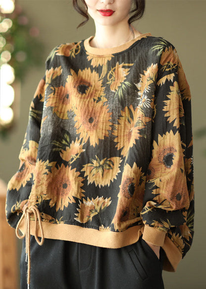 Diy Black O-neck Wrinkled Drawstring Print Pullover Sweatshirt Spring