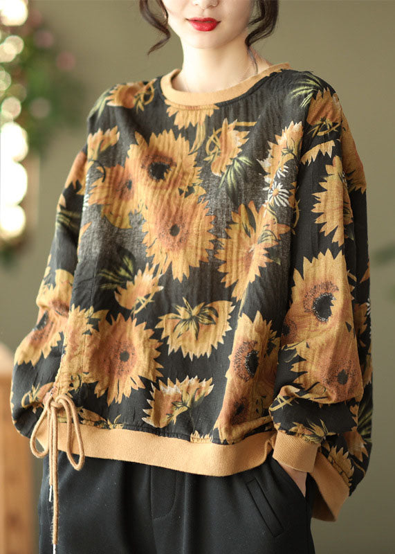 Diy Black O-neck Wrinkled Drawstring Print Pullover Sweatshirt Spring