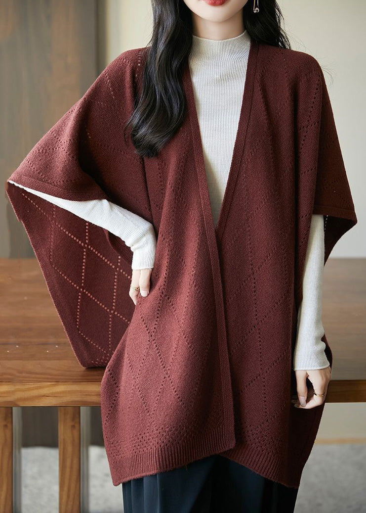 Art Red Hollow Out Knit Shawl Sweater Fall
