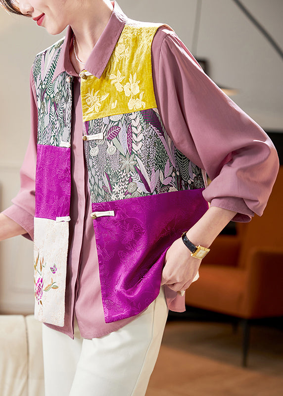 Colorblock Embroidered Button Silk Waistcoat Sleeveless