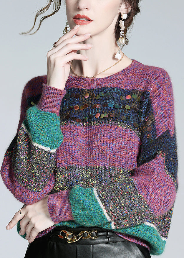 Purple Striped Sequins Cashmere Knit Sweater Winter