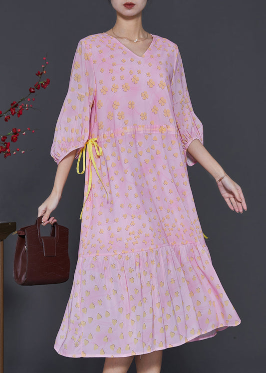 Pink Print Drawstring Cotton Maxi Dresses Bracelet Sleeve
