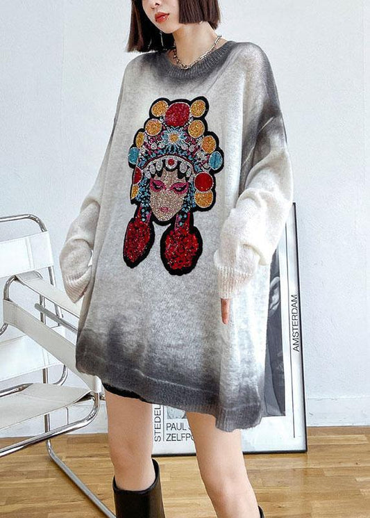 Simple White Loose O-neck Tie Dye Fall Long Knit Top