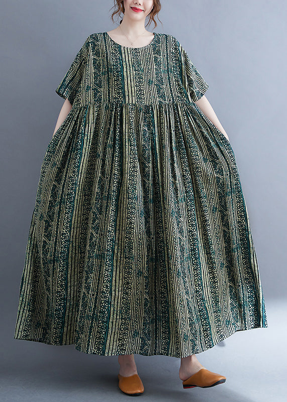 Green O-neck Cinched Print Extra Large Hem Long Dresses Short Sleeve