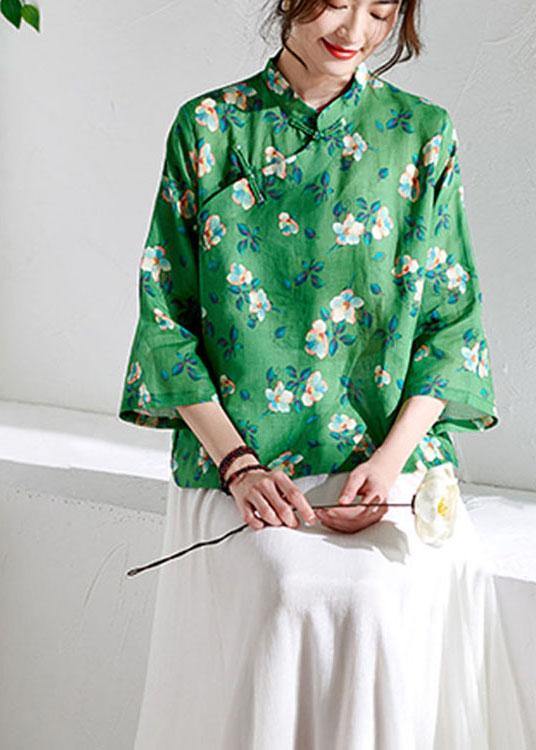Fitted Green Oriental Print Button Summer Ramie Top