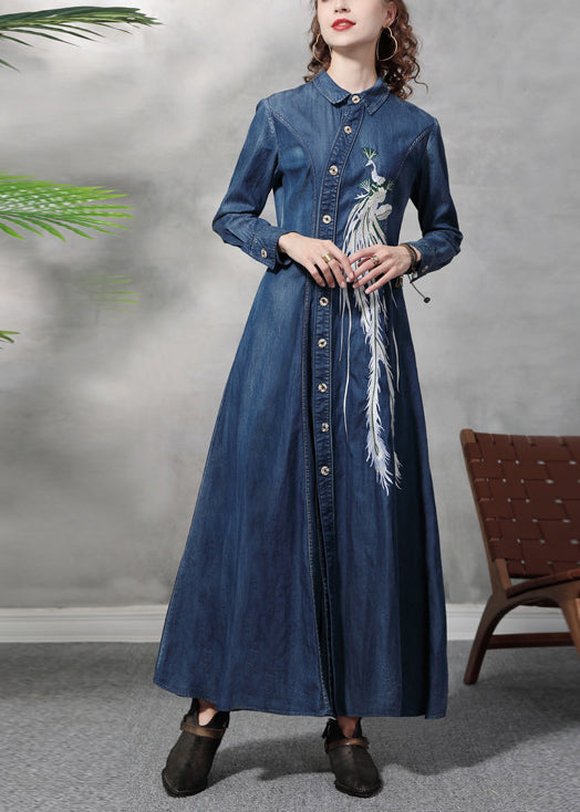 Slim Fit Blue Peter Pan Collar Button Waist Retraction Embroideried Cotton Denim Dresses Long Sleeve