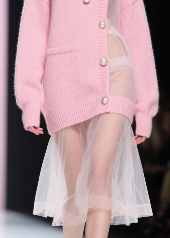 Pink Patchwork Tulle Pearl Knitted Dress Fall