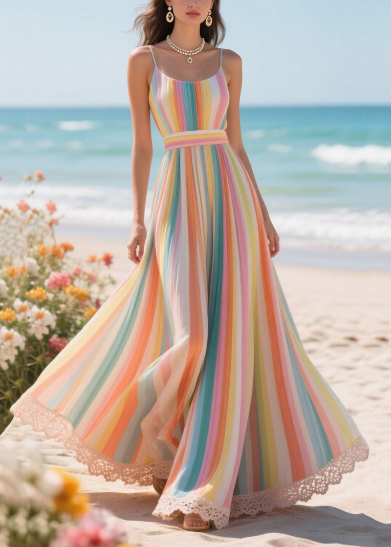 Rainbow Striped Exra Large Hem Chiffon Beach Dress Summer