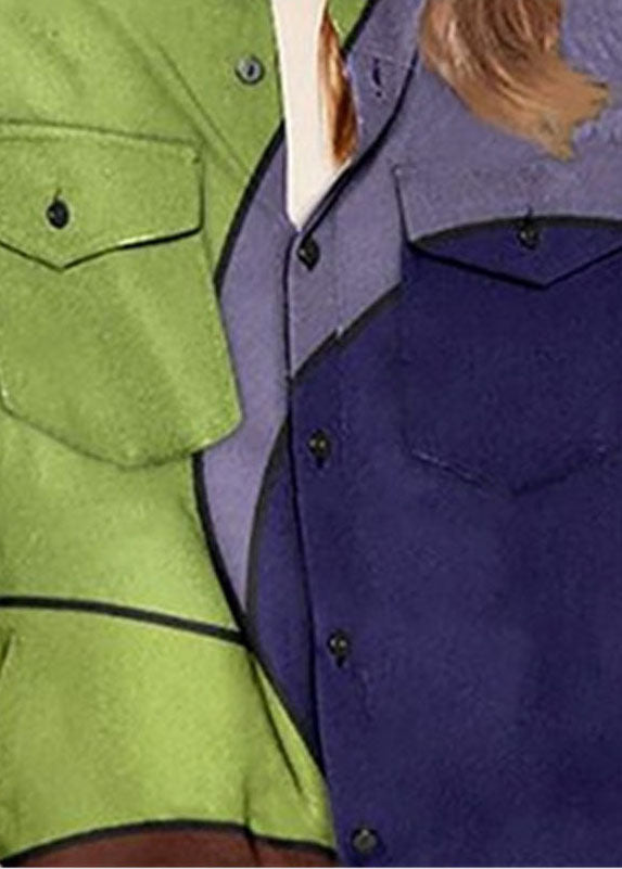 Colorblock Peter Pan Collar Button Pocket Print Shirt Long Sleeve