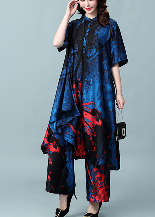 Blue Print Silk Dress and Wide Leg Pants Two Piece Set Outfits Stand Collar Button Summer