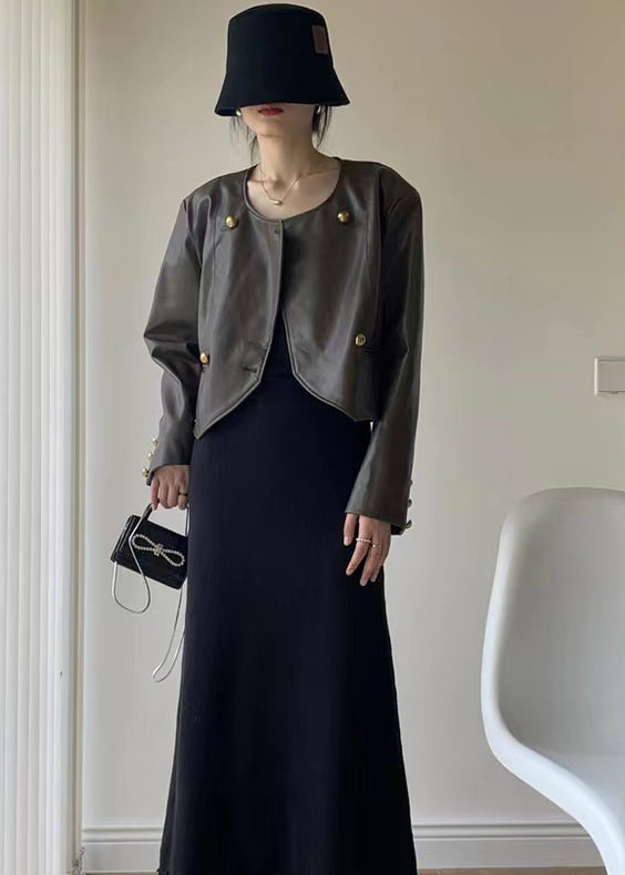 Brown O Neck Button Patchwork Faux Leather Jacket Fall