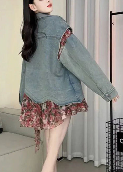 Blue Peter Pan Collar Asymmetrical Print Print Denim Coat Spring