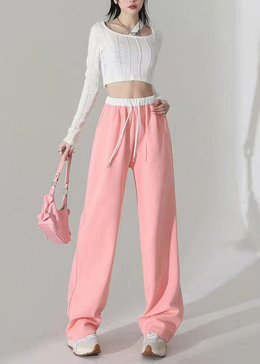Pink Pockets Elastic Waist Cotton Straight Pants Spring