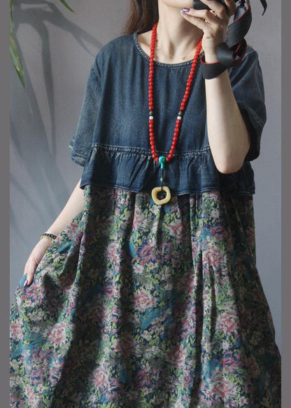 Loose Blue Patchwork Print Loose Summer Holiday Dress