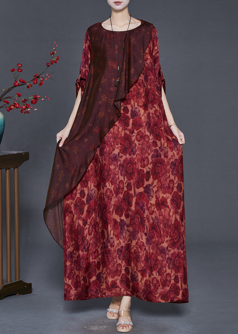 Red Asymmetrical Print Silk Robe Dresses Spring