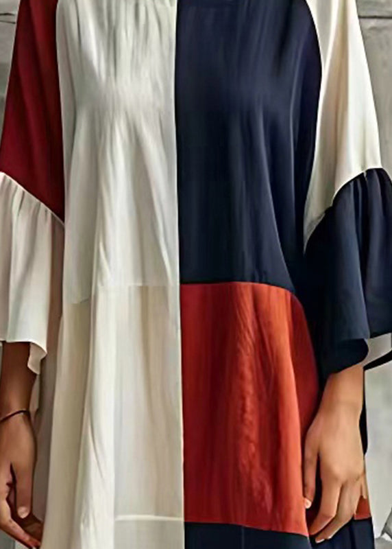 Colorblock Patchwork Cotton Beach Dress Flare Sleeve