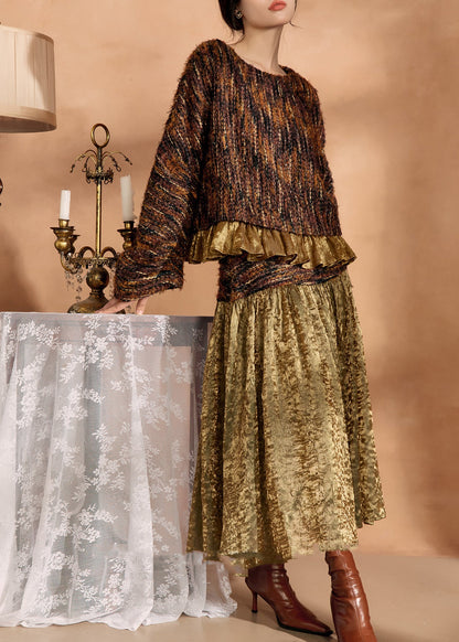 Brown Knit Sweaters and Silk Skirts Two Pieces Set Fall