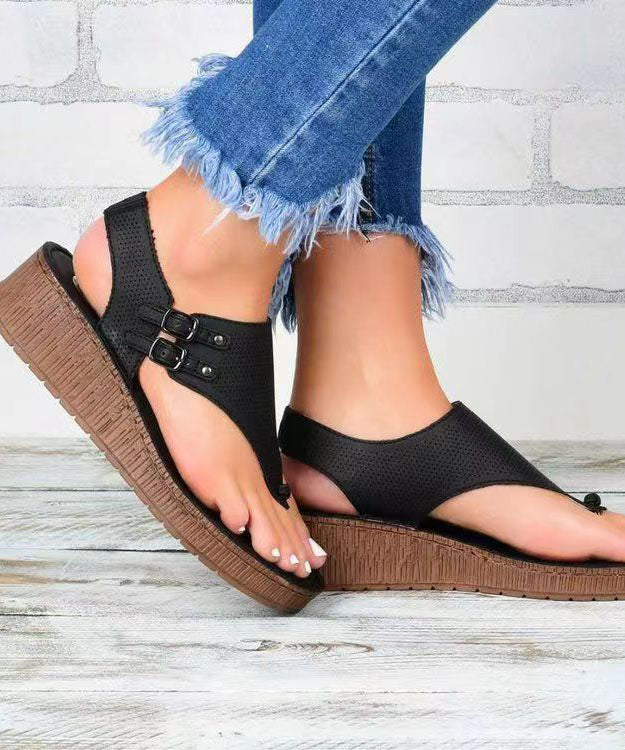 Black Buckle Strap Splicing Peep Toe Platform Sandals