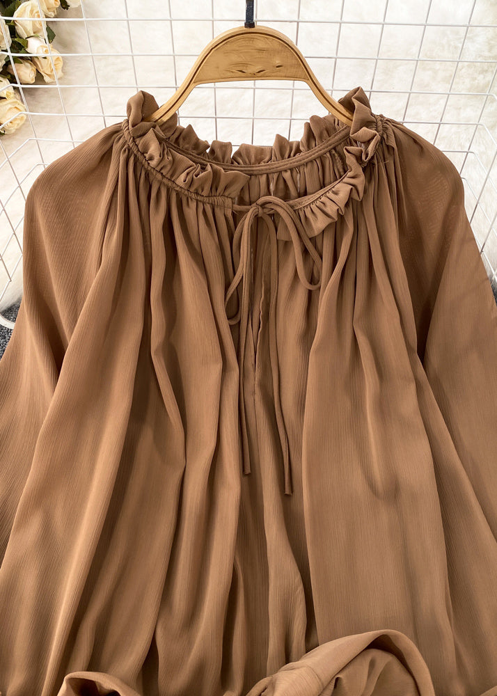 Brown Ruffled Patchwork Chiffon Maxi Skirt Spring