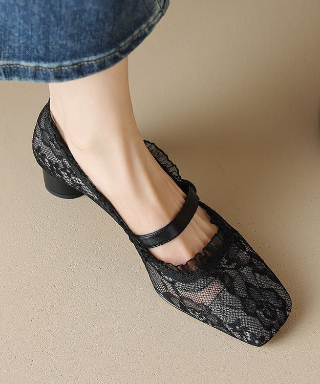 New Mesh Lace Hollow Out Chunky Heel Penny Loafers